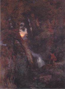 An 1882 oil painting of a will-o'-the-wisp by Arnold Böcklin.
